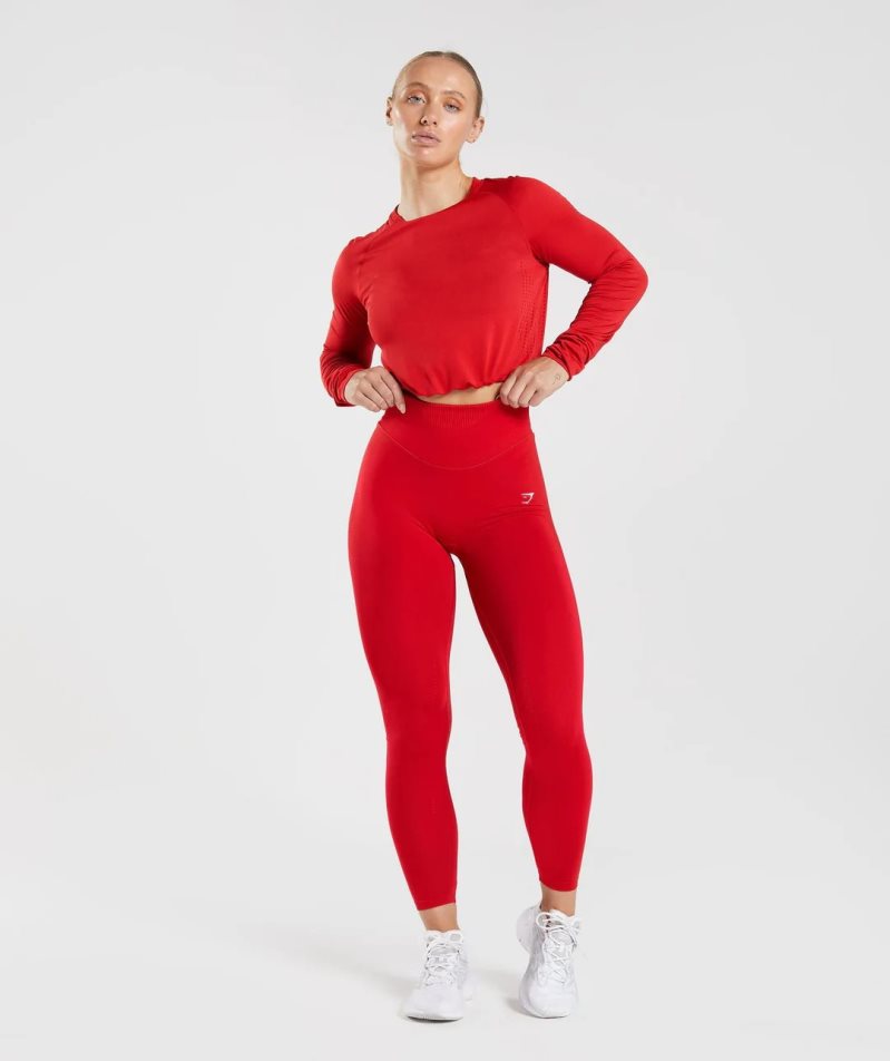 Women's Gymshark Sweat Seamless Long Sleeve Cropped Tops Red | CA 0N6538